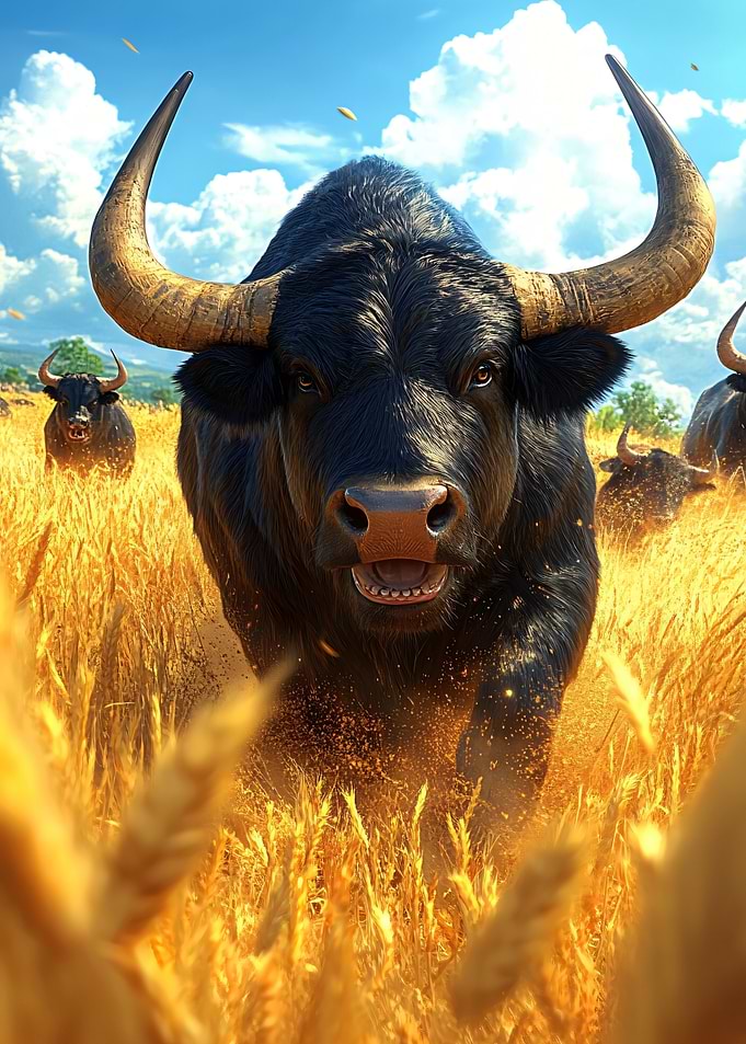 Black Bull Charging Through Wheat Field