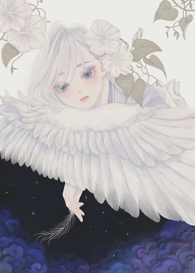 Angel with White Wings and Flowers
