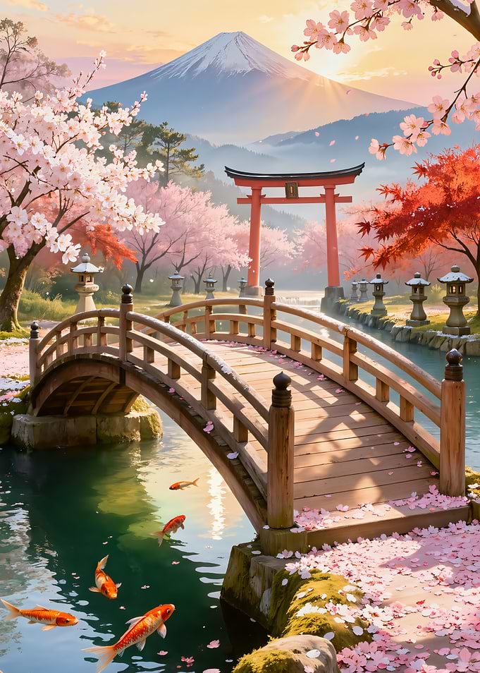 Serene Japanese Landscape with Mount Fuji