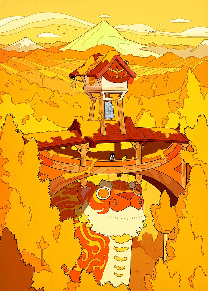 Whimsical Tiger and Pagoda in Autumn Forest