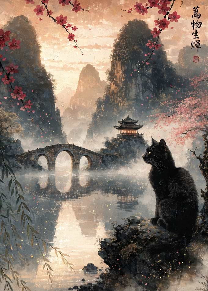 Black Cat in Misty Asian Landscape