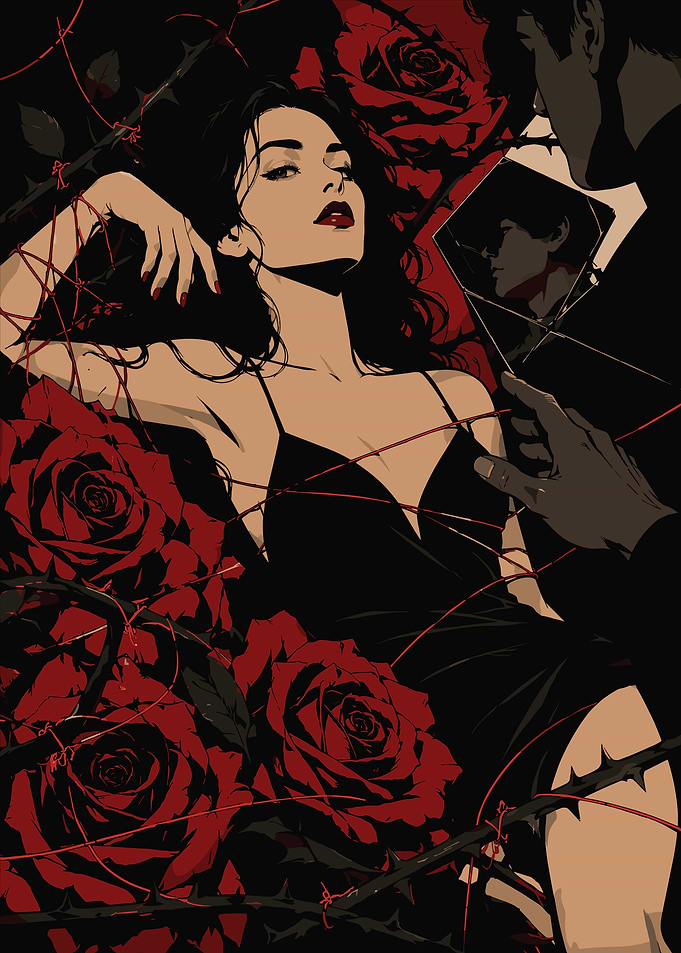 Woman surrounded by roses and thorns