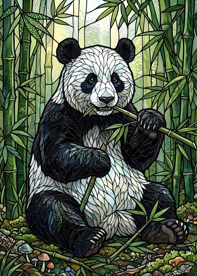 Panda Eating Bamboo in Stained Glass Style