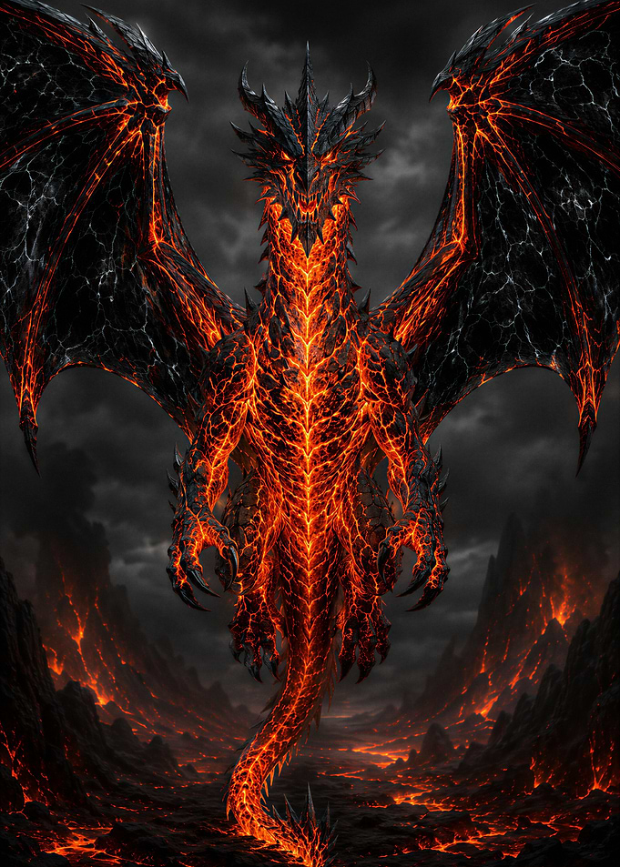 Lava Obsidian Dragon in a Volcanic Landscape
