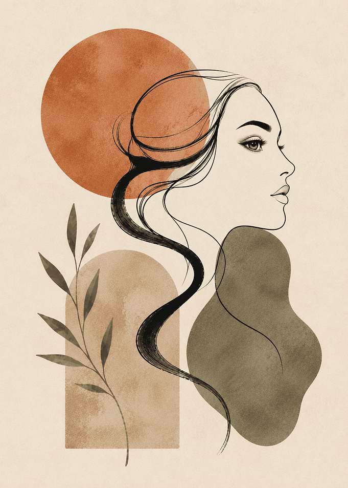 Abstract Woman Profile with Botanical Elements