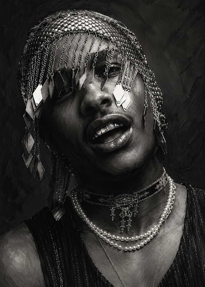 Portrait of a person in ornate jewelry