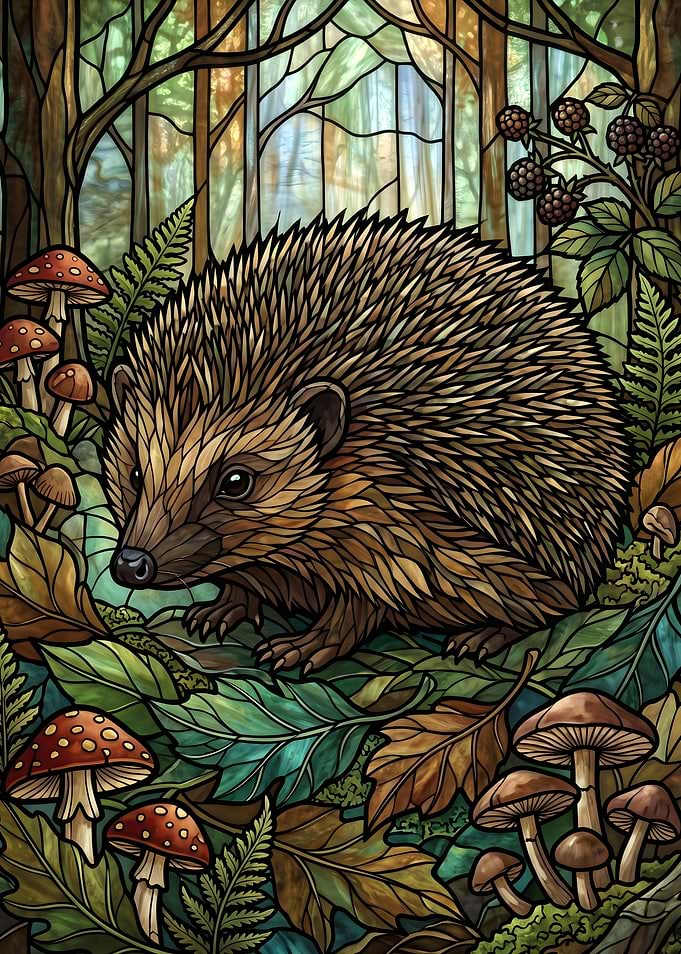 Hedgehog in a Forest Stained Glass