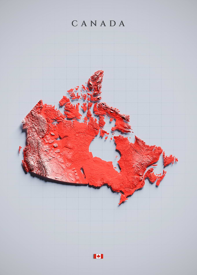Canada Topographic Map - Color Shaded Relief, 3D Elevation Poster