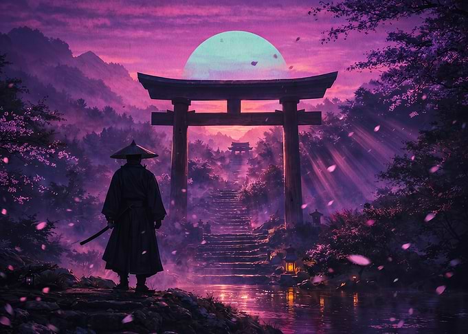 Samurai at Torii Gate at Sunset