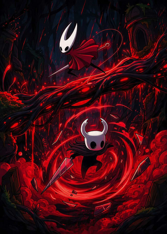 Hollow Knight Characters in Red Environment