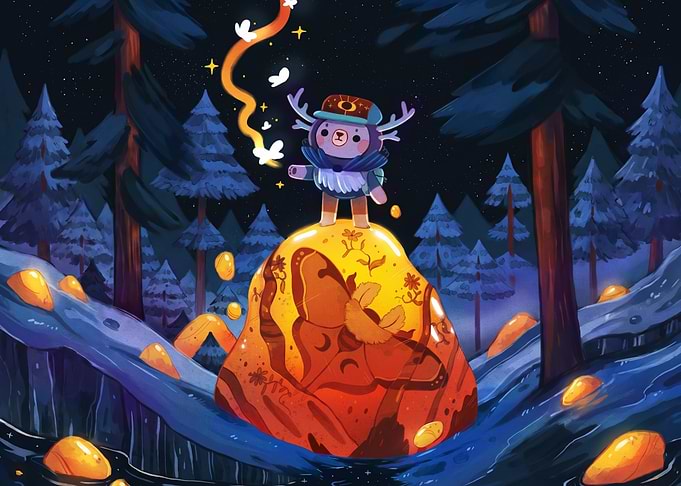 Cute Bear Character in Enchanted Forest