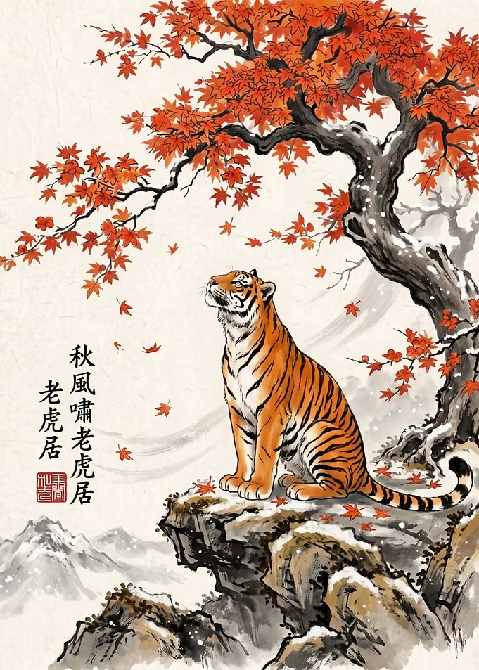 Tiger Under Autumn Maple Tree