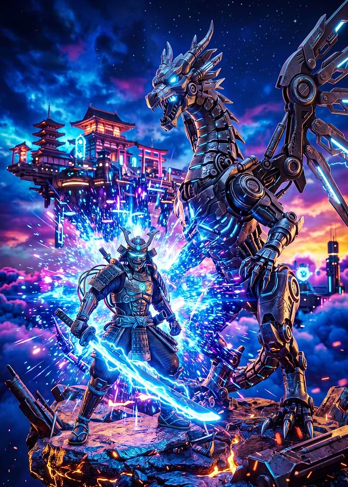 Cyberpunk Samurai vs. Dragon