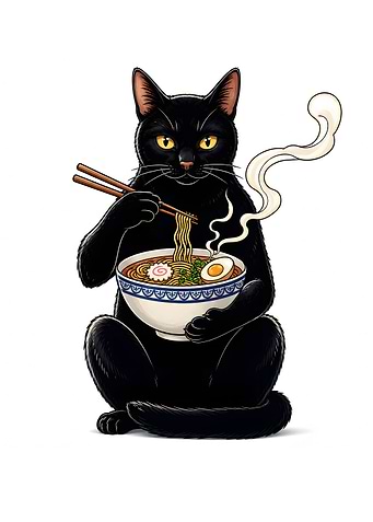 Black Cat Eating Ramen