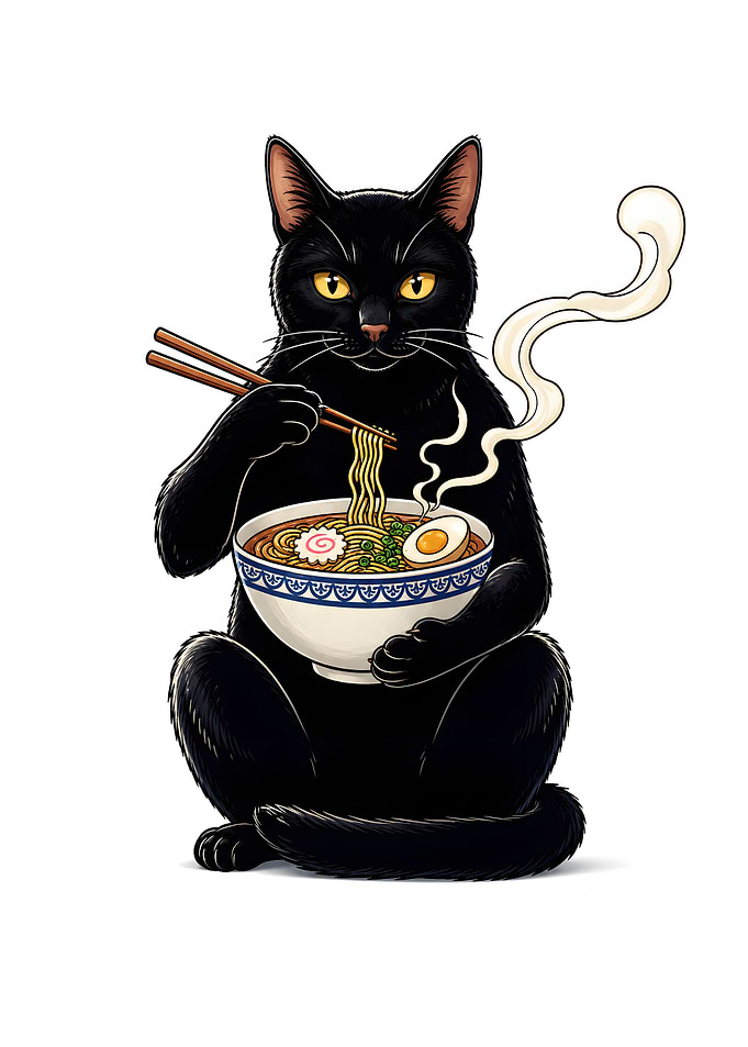 Black Cat Eating Ramen