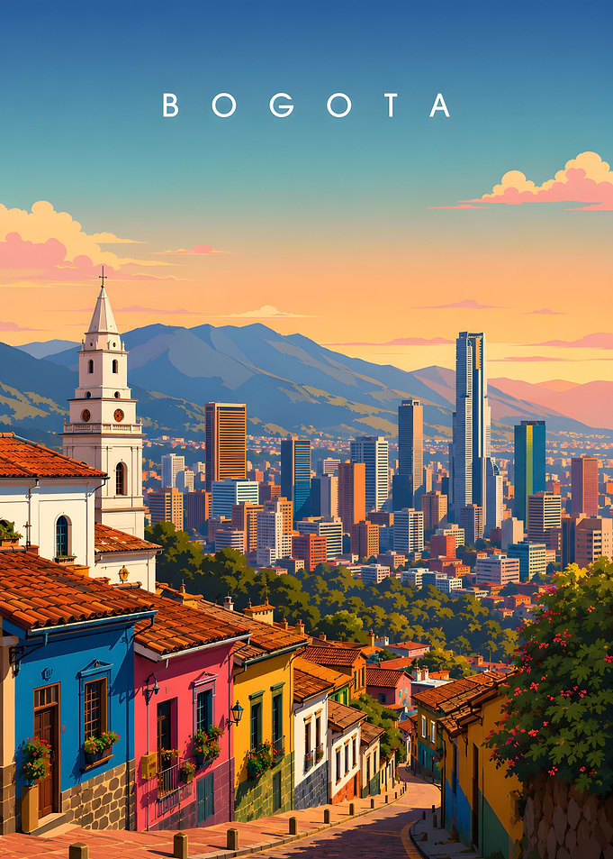 Bogota Cityscape at Sunset, Travel Poster