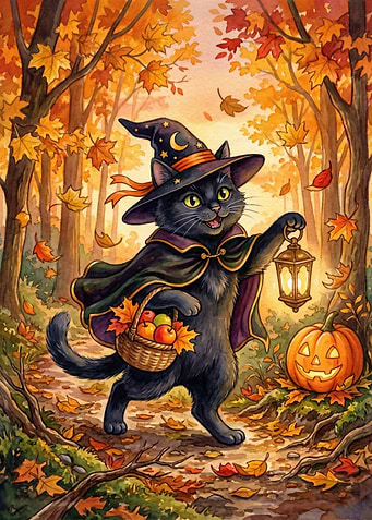 Halloween Cat in Autumn Forest