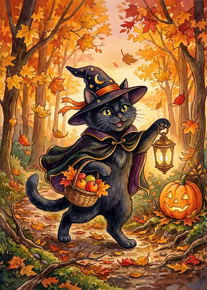 Halloween Cat in Autumn Forest