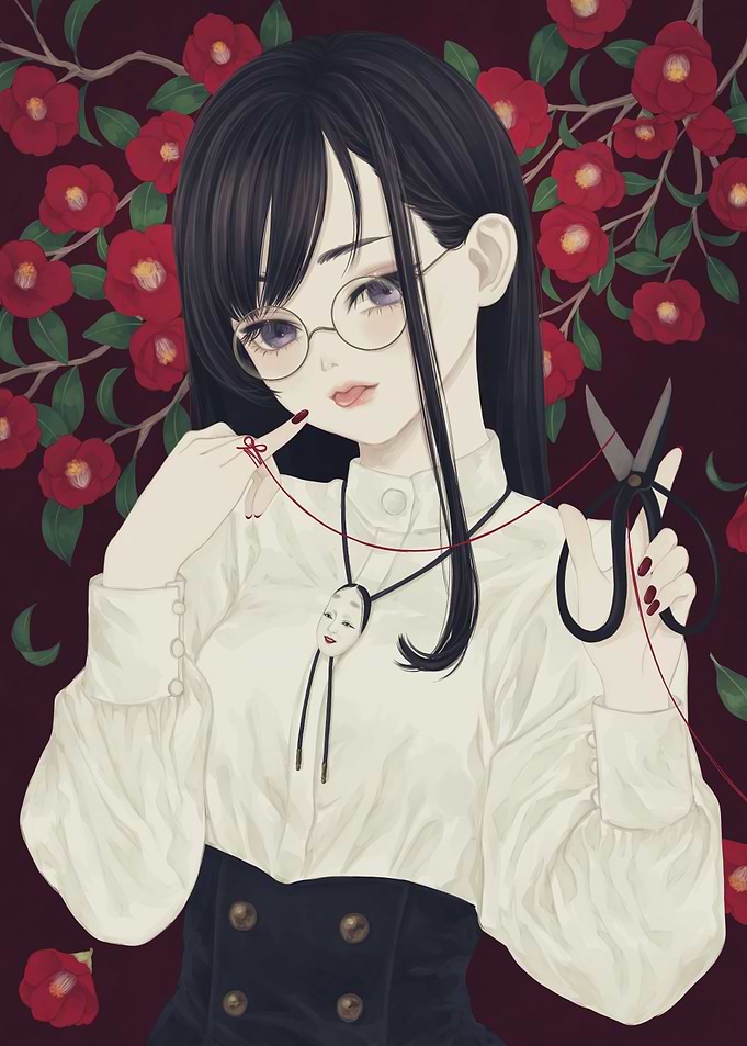 Anime Girl with Scissors and Red Thread