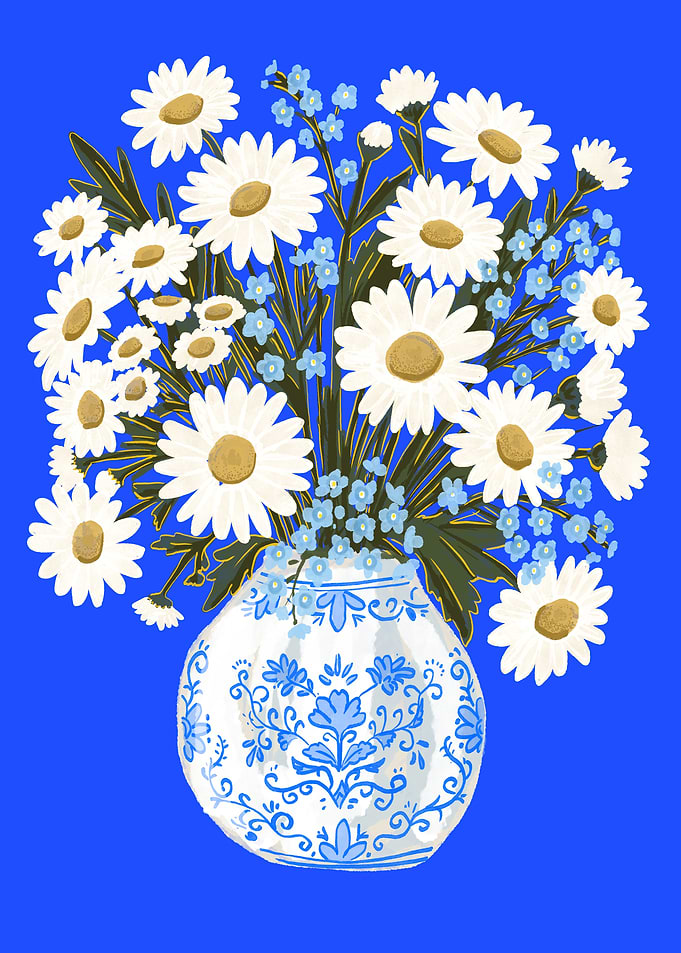 Daisy and Forget-Me-Not Bouquet in Blue Vase