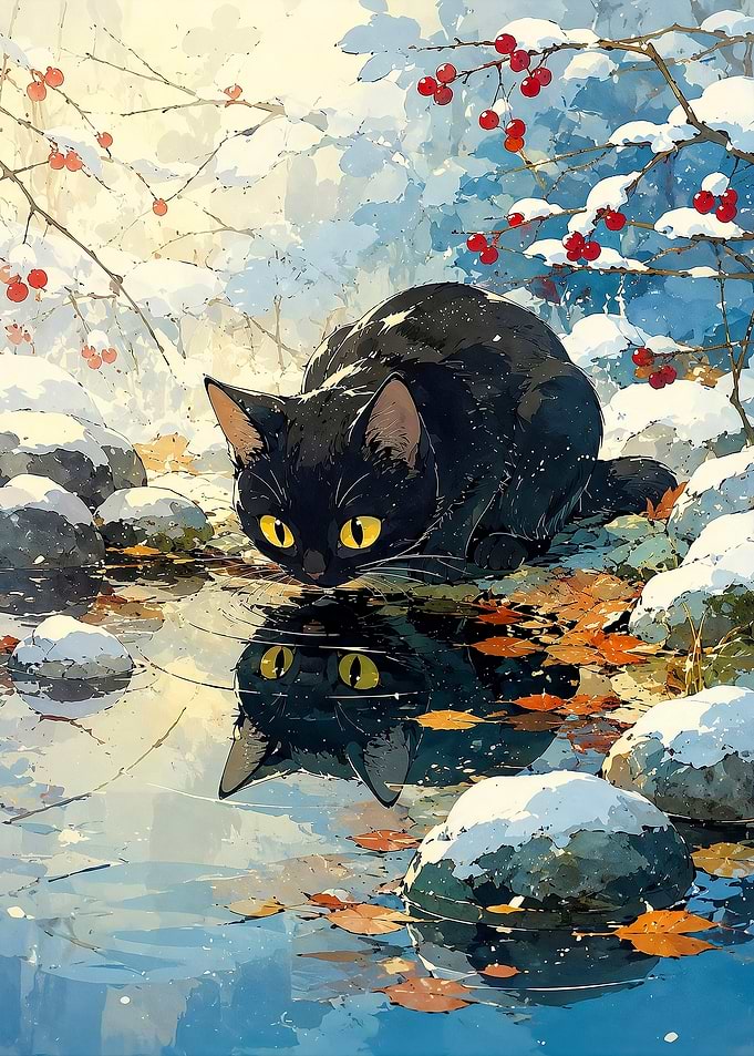 Black Cat Reflection in Winter Illustration Poster