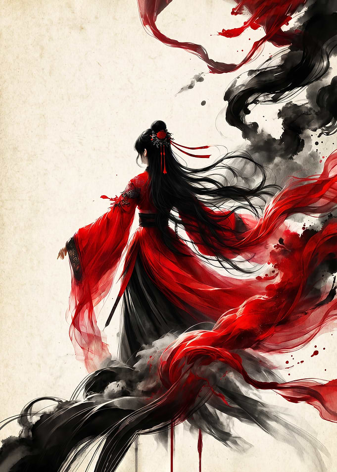 Woman in Red and Black Traditional Attire