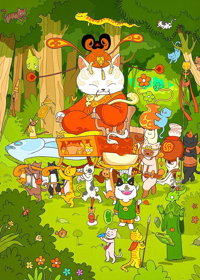 Cat Emperor and His Court in a Forest