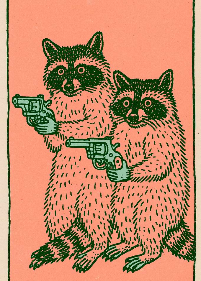 Two Raccoons Holding Guns