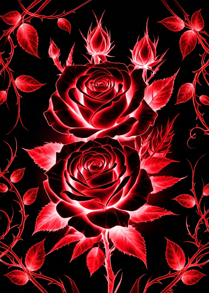 Glowing Red Roses on Black Background