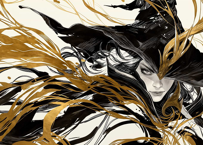 Mysterious Witch with Gold and Black Swirls