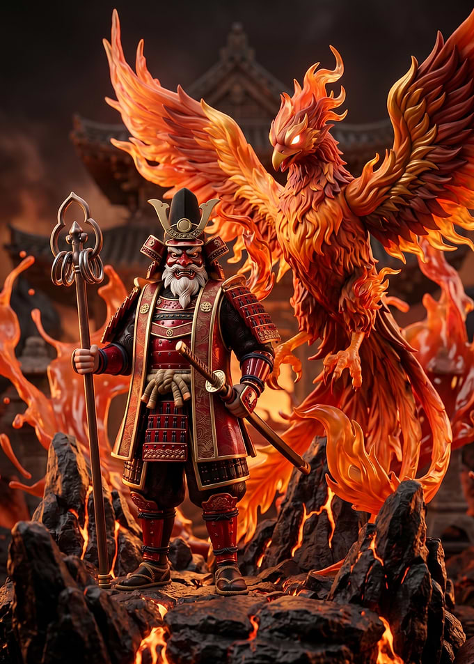Samurai Warrior and Fiery Phoenix
