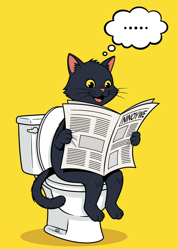Cat reading newspaper on toilet