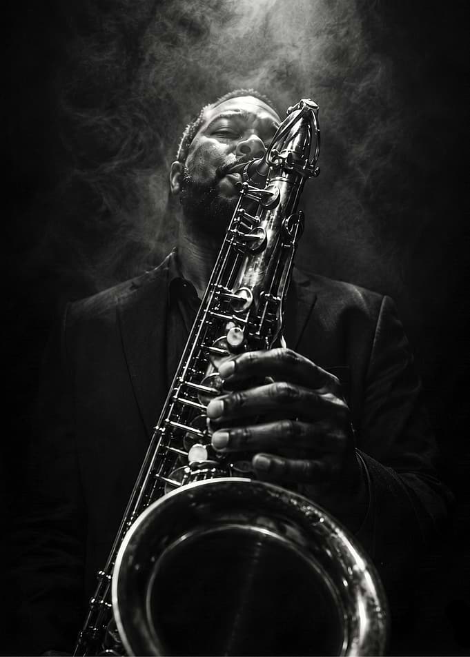 Jazz Saxophone Player Soul in Darkness Black and White Music