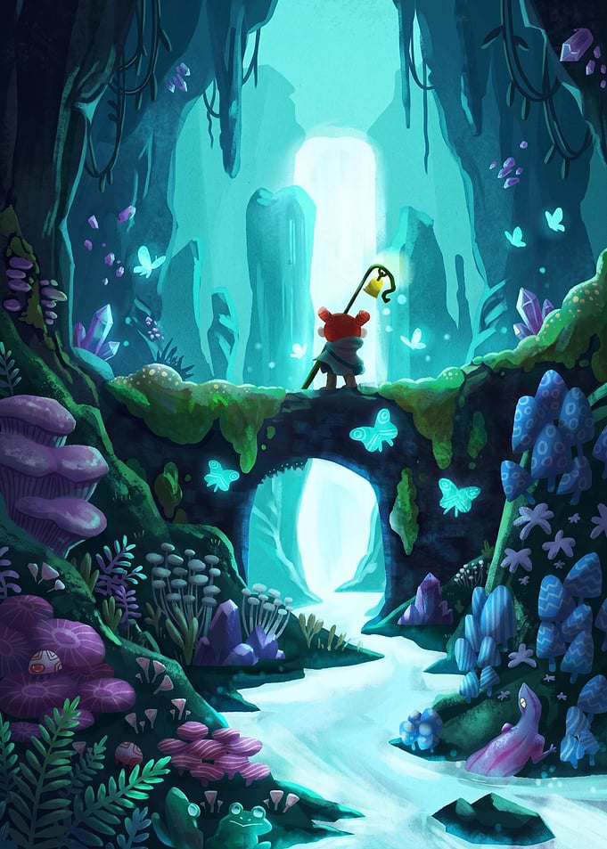 Bear adventurer in a glowing cave