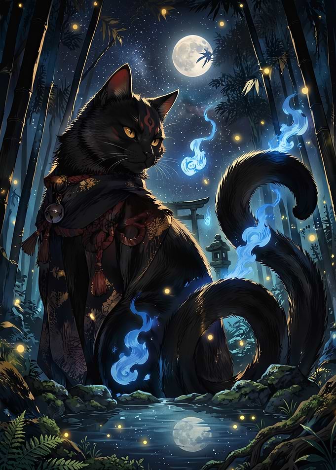 Mystical Black Cat in Bamboo Forest