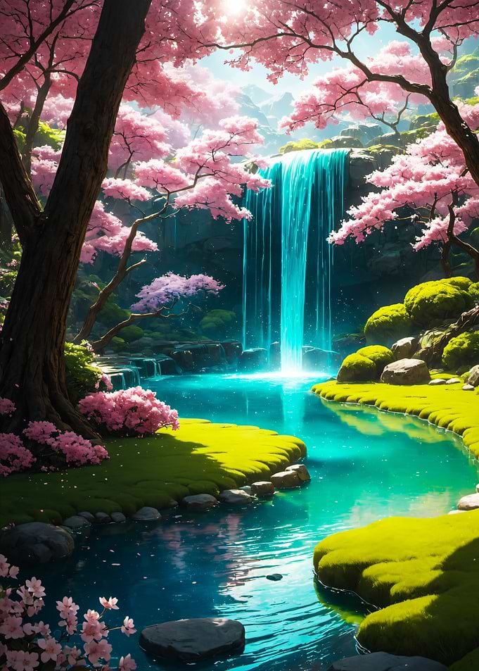 Sakura Waterfall in Cherry Blossom Forest Japan