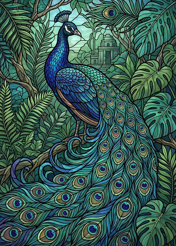 Peacock in a Lush Jungle Setting Stained Glass