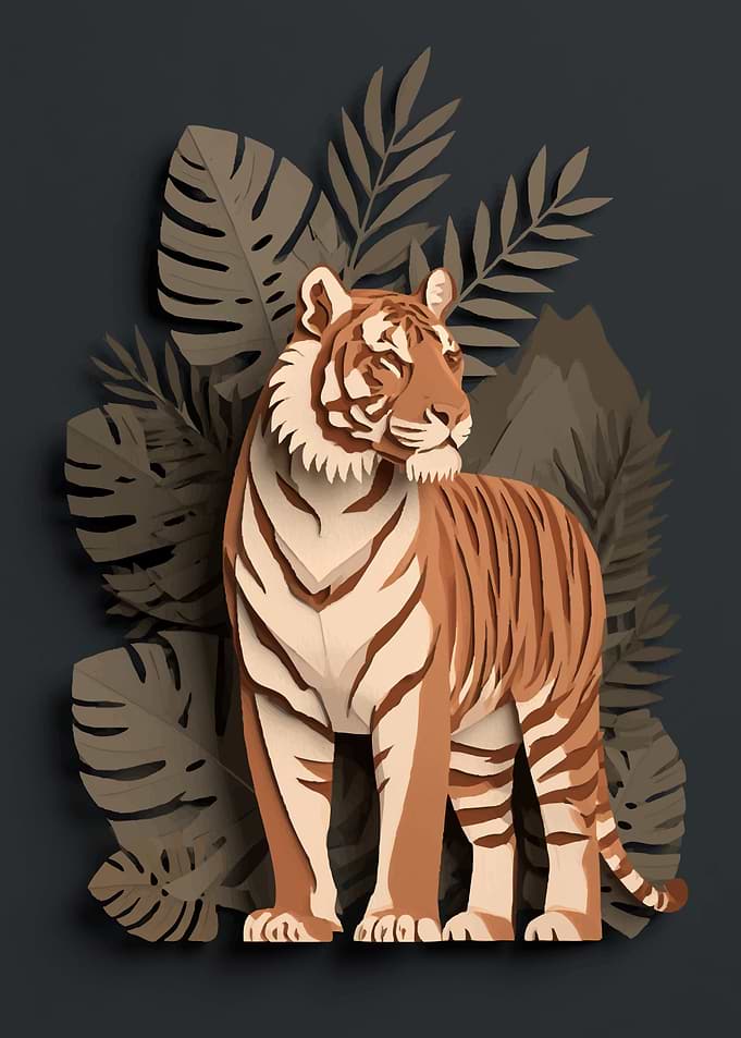 Paper Art Tiger with Tropical Leaves