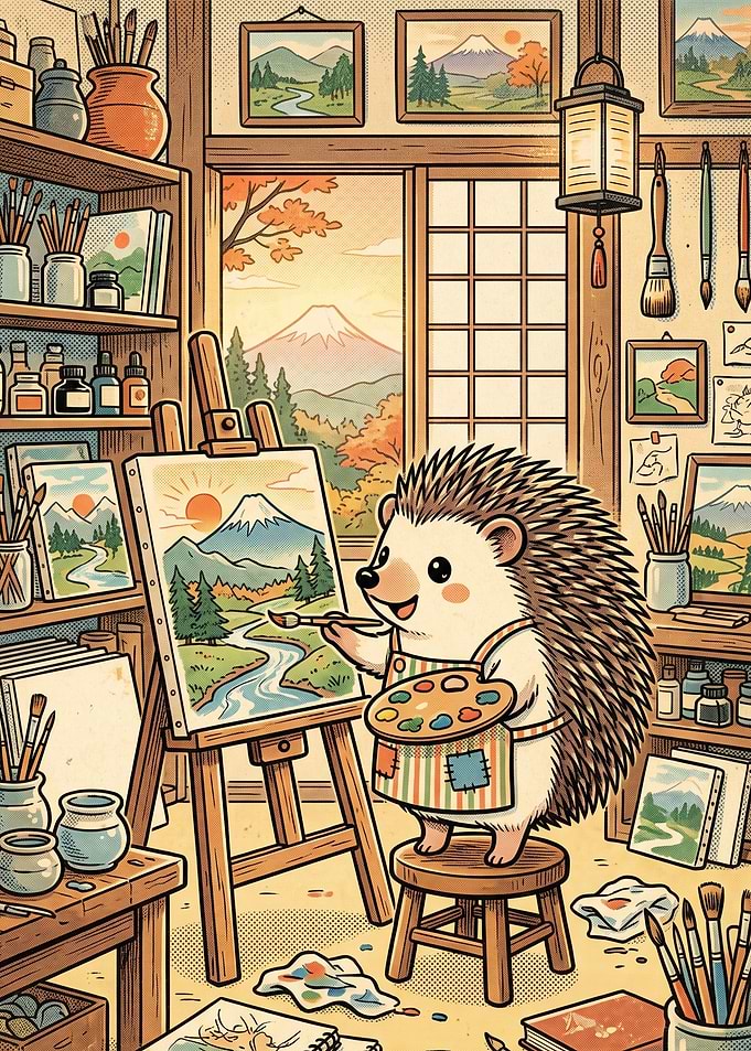 Hedgehog Artist Painting a Landscape