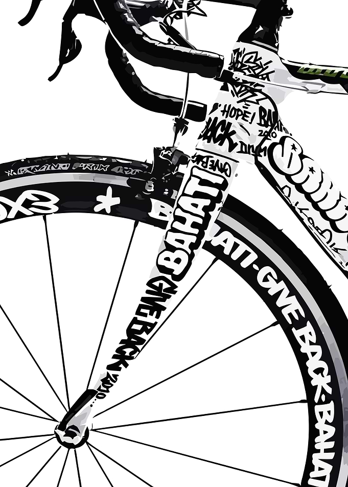 Graffiti-covered bicycle fork and wheel