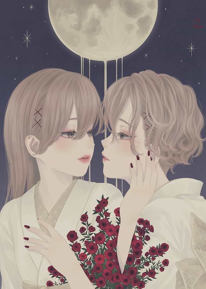 Two women in kimonos under the moon