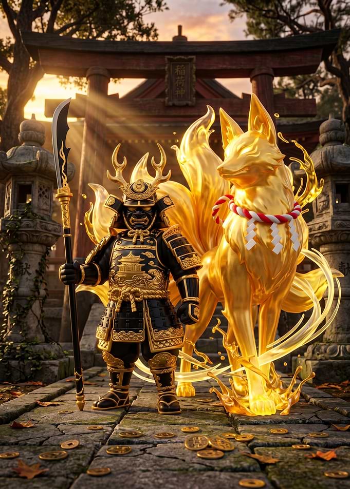 Golden Fox Spirit and Samurai Warrior