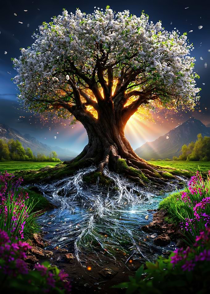 Magical Tree of Life with Roots in Water