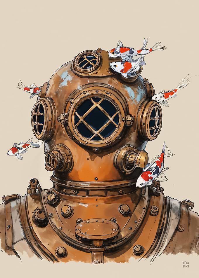 Vintage Diving Helmet with Koi Fish