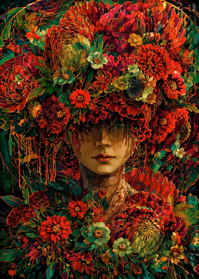 Woman adorned with vibrant floral headdress