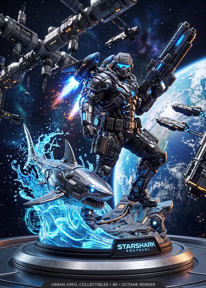 Sci-fi Soldier and Shark Statue