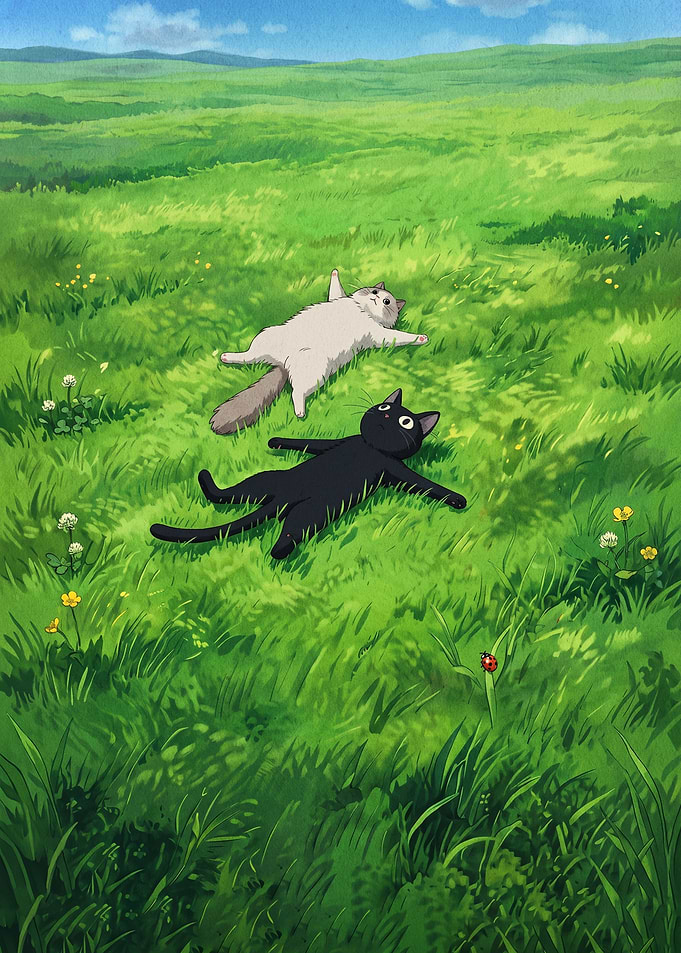 Two cats relaxing in a grassy field