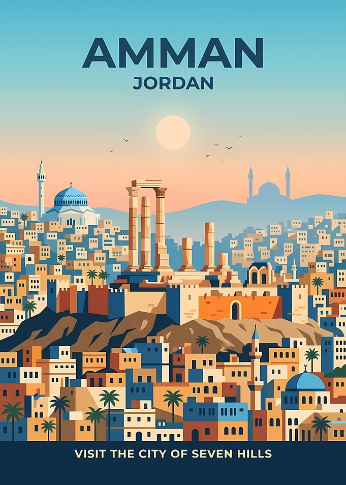 Amman Jordan Cityscape Vintage Poster
