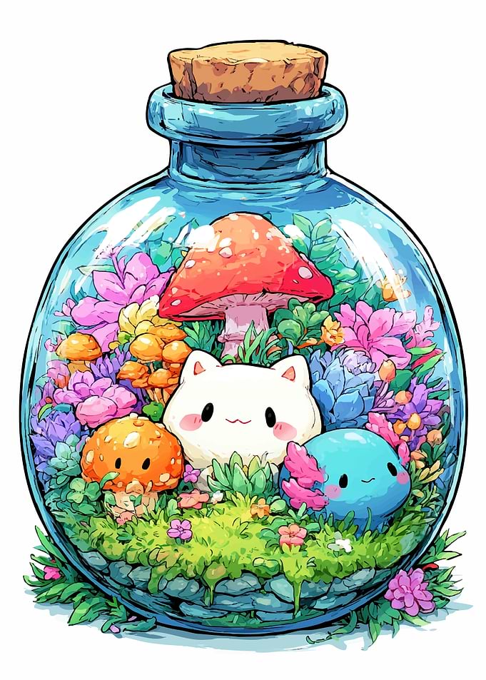 Cute Terrarium with Animals and Mushrooms