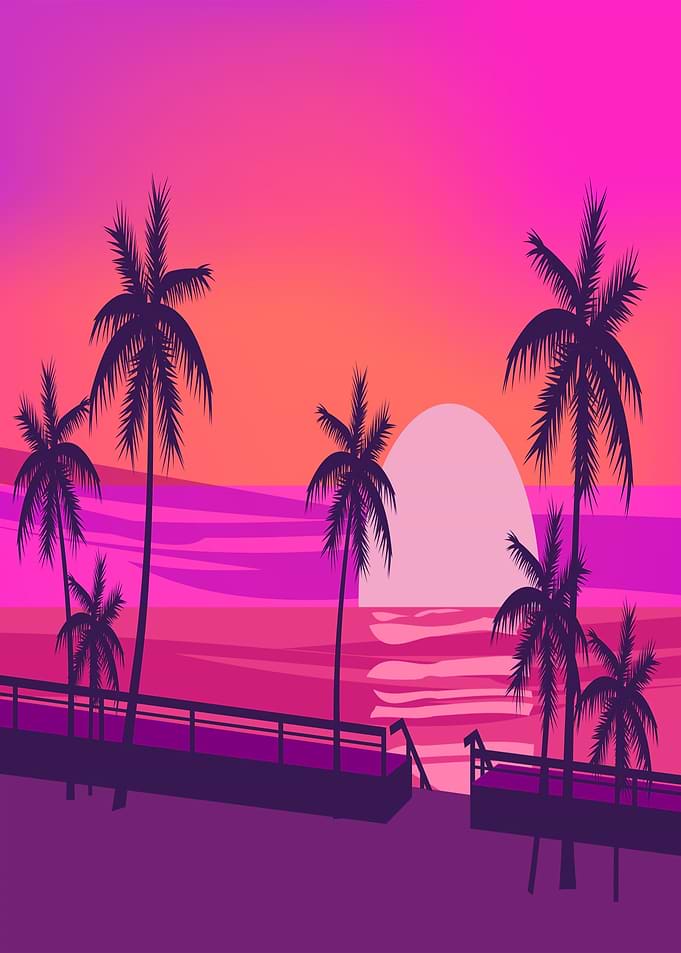 Retro Sunset Beach with Palm Trees